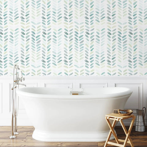 Bathroom featuring Get That Chill Nature Vibe With Green Herringbone Peel And Stick Wallpaper Featuring Soft Watercolor Style