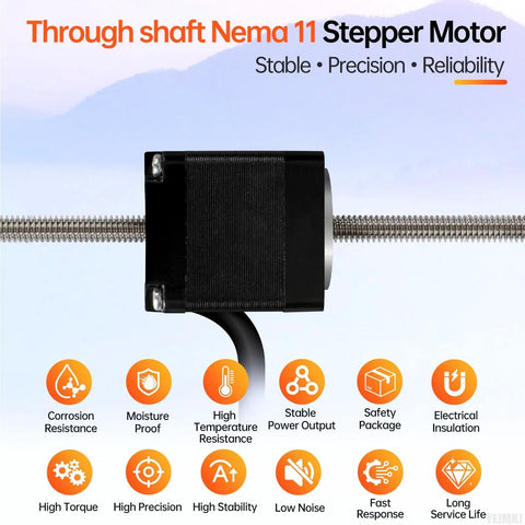 Through Shaft Nema 11 Stepper Motor with 31mm body, showing side view with cable and threaded rod in background.