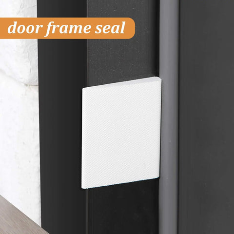 Close-up of a white self-adhesive foam door corner seal on a black exterior door, part of the 14 Piece Self Adhesive Door Corner Seals Set For Exterior Door Frames, Foam Draft Stopper Weather Stripping, Gap Filler, Noise Reduction, Dust And Water Resistance, White.