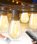 Close-up of 200 Ft LED Outdoor String Lights With Shatterproof Edison Bulbs, Heavy Duty Weatherproof, remote in hand view