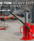 Front view of red 20-ton low-profile hydraulic bottle jack with long black lever