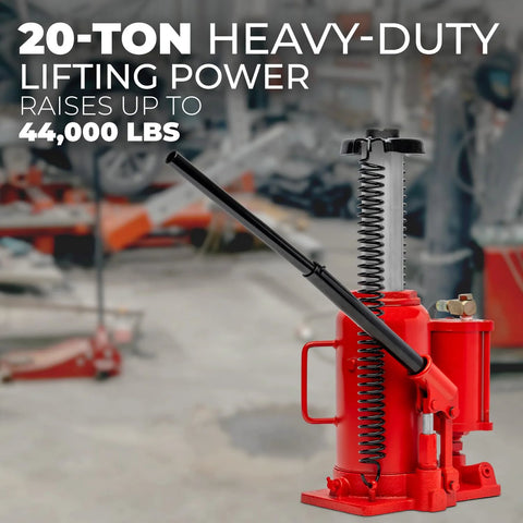 Front view of red 20-ton low-profile hydraulic bottle jack with long black lever