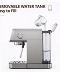 Compact Stainless Steel Espresso Maker With Auto Milk Frother And Steam Wand 20 Bar Pressure Quick Heating Coffee Machine pouring water into removable tank.