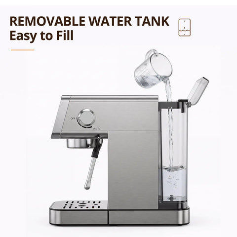 Compact Stainless Steel Espresso Maker With Auto Milk Frother And Steam Wand 20 Bar Pressure Quick Heating Coffee Machine pouring water into removable tank.