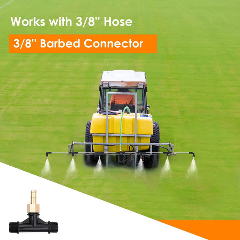 Tractor with attached Beefy Six Adjustable Nozzles Poly Boom Wand spraying lawn, 3/8 inch brass fitting visible