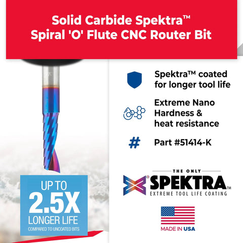 Spektra Coated Solid Carbide CNC Spiral O-Flute Router Bit 51428-K, showing blue nano coating and durability features.