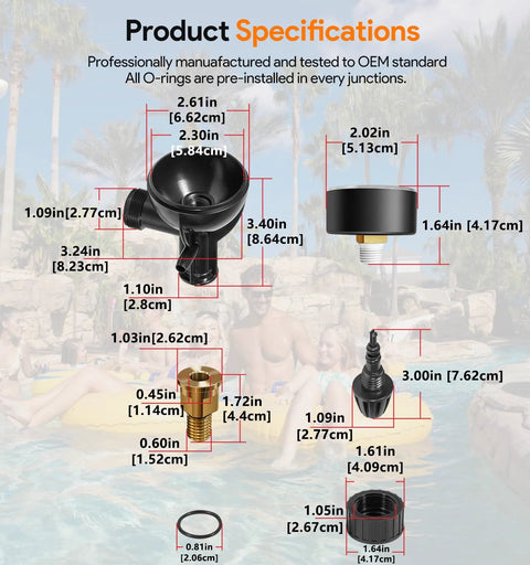 Front view of brass air relief valve with pressure gauge and black valve body, includes brass adapters and O-ring