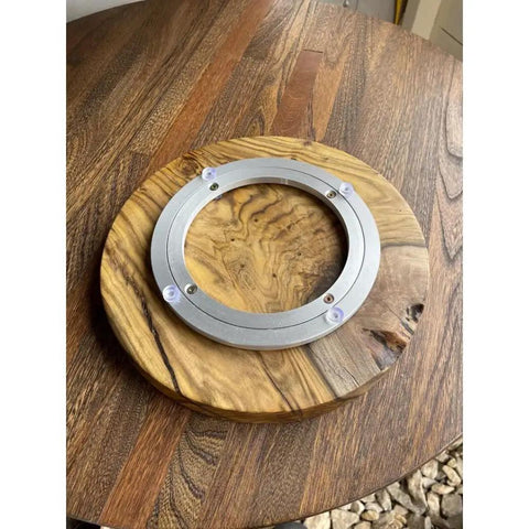 16 Inch Pistache Satin Lazy Susan With Rubber Non Slip Feet For Dining Table Tops Round Black Brown Organizer And Smooth Rotating Turntable For Kitchens Countertops And Dining Surfaces on wooden table