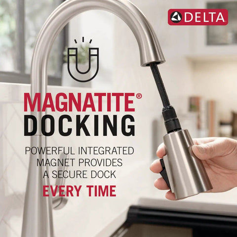 Modern Single Hole Kitchen Faucet With Slick Pull Down Sprayer Brushed Gold Finish shown with Magnatite docking feature.