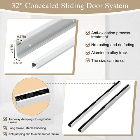 32-inch concealed sliding barn door hardware kit with soft close for 24 to 28 inch passage openings, floating wall mount, aluminum