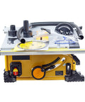 Shop Ready 8 Inch Sliding Table Saw Featuring A Heavy Duty 1500 Watt Motor And Razor Sharp 80 Tooth Circular Blade Dust Free Desktop Woodworking Rig For Clean Cuts Pro Pipe Rack Stand Quick Build Rock Solid Workshop Gear, showing top view with required attachments and blade.