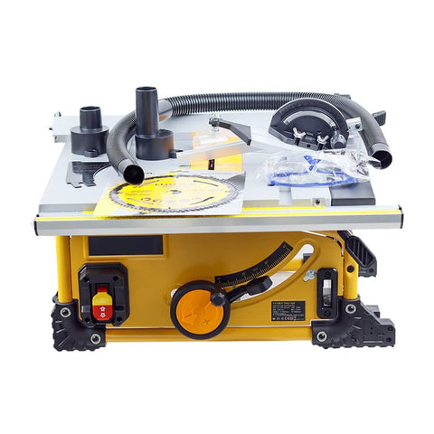 Shop Ready 8 Inch Sliding Table Saw Featuring A Heavy Duty 1500 Watt Motor And Razor Sharp 80 Tooth Circular Blade Dust Free Desktop Woodworking Rig For Clean Cuts Pro Pipe Rack Stand Quick Build Rock Solid Workshop Gear, showing top view with required attachments and blade.