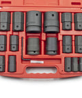 Open red case displaying the Beefy 18 Piece SAE Hex Bit Socket Set For 3/4 Inch And 1 Inch Drive CR-Mo Alloy Steel With Lifetime Warranty.
