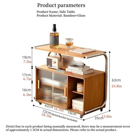 Movable Glass Cabinet Side Table With Wheels, Multi Layer Shelves And Glass Front, 360 Degree Mobility, dimensions labeled
