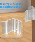 Heavy Duty Universal RV Sliding Closet Door Latches With Slick Hardware Kit, transparent latch on wood background, 1.3x1.57x1.57in.