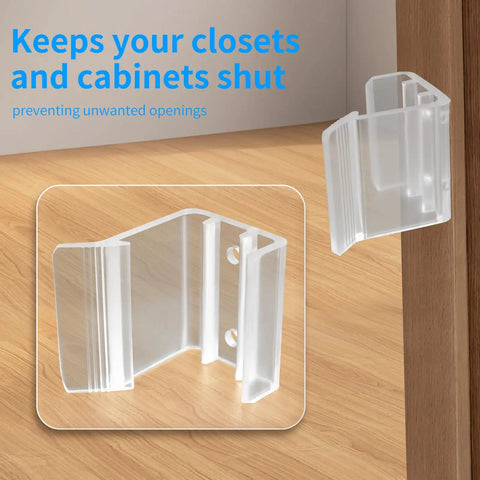 Heavy Duty Universal RV Sliding Closet Door Latches With Slick Hardware Kit, transparent latch on wood background, 1.3x1.57x1.57in.