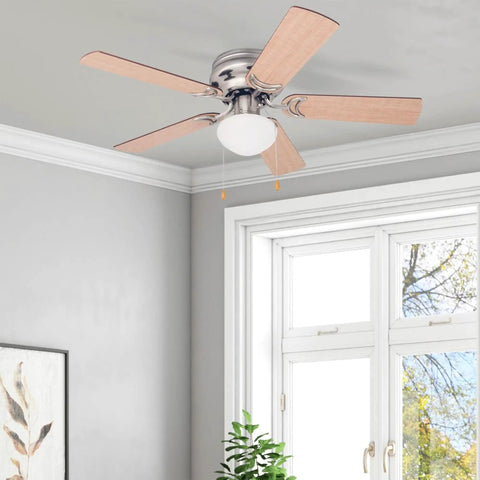 42 Inch Traditional Flush Mount Ceiling Fan With Light, Reversible Motor, Pull Chain, Dual Finish Blades In Brushed Nickel For Bedrooms