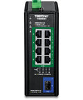 Black heavy duty industrial PoE++ switch front view with eight 2.5G PoE ports, one 10G SFP port; compact design for DIN rail or wall mount.