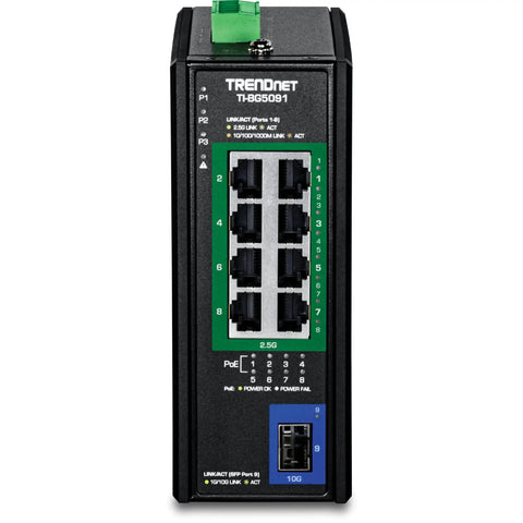 Black heavy duty industrial PoE++ switch front view with eight 2.5G PoE ports, one 10G SFP port; compact design for DIN rail or wall mount.