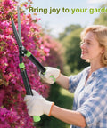 Woman using Heavy Duty Telescoping Hedge Shears 23 To 30 Inches With 20 Degree Angled Head Rust Proof Carbon Steel Blades