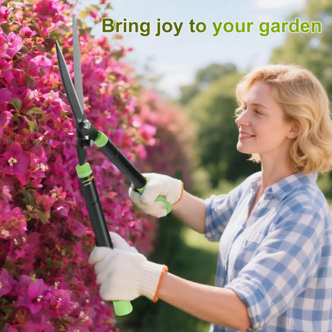 Woman using Heavy Duty Telescoping Hedge Shears 23 To 30 Inches With 20 Degree Angled Head Rust Proof Carbon Steel Blades