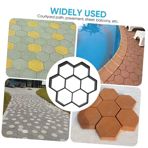 Hexagon Concrete Paver Mold for DIY Gardens and Patios used in various outdoor settings, size 11.41 x 11.02 x 1.69 in, plastic