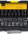 14 Piece Pro Grade Bolt Extractor Kit with Impact Nut Remover Set and Three Eighths Inch Adapter in open tool box showing extractors.