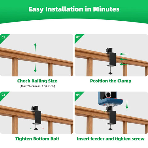 Step-by-step guide to installing Heavy Duty Clamp-On Railing Mount For Bird Buddy Pro1 Pro2 Smart Feeder, Adjustable Bracket, No Drilling.