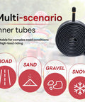 Heavy Duty Inner Tube Fits 20x1.75 To 2.25 For Road, Mountain And City Bikes With Schrader Valve AV32mm displayed with terrain icons