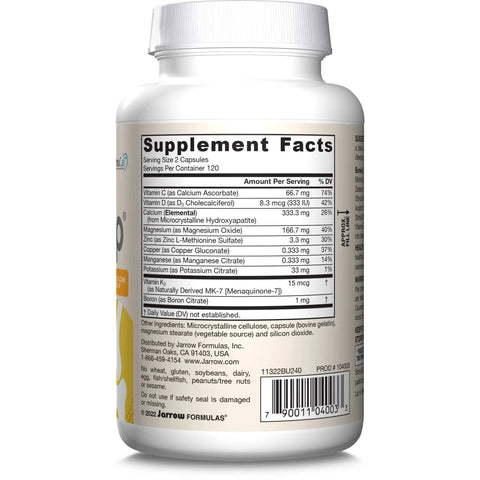 Back view of BoneUp For Bone Density With Vitamin D3 And K2 Calcium Support Supplement 240 Capsules showing supplement facts label