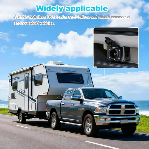 Built Tough 7 Pin Trailer Connector With Mounting Bracket And Color Coded Wiring Harness For No Fuss DIY Friendly Installation Waterproof 7 Way Plug For RVs Boats And Trailers installed on a truck towing an RV