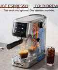Dope 2-In-1 Espresso Machine And Cold Brew Maker With Badass 20 Bar Pump And Responsive Touchscreen brews espresso and cold brew.