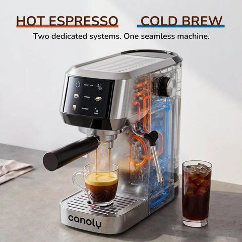 Dope 2-In-1 Espresso Machine And Cold Brew Maker With Badass 20 Bar Pump And Responsive Touchscreen brews espresso and cold brew.