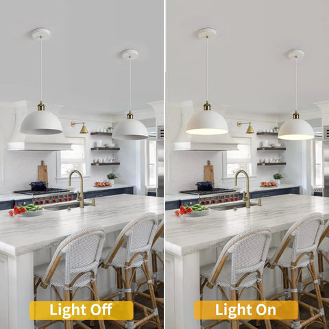 Dome Pendant Light In Rustic White Finish With Farmhouse Industrial Chandeliers Vibe, 9.84 Inch Diameter, in kitchen with light on and off