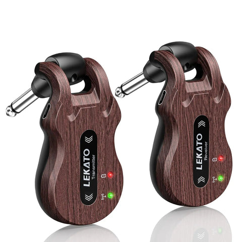 5.8GHz Wireless Guitar System with 24-Bit Audio Transmission, brown finish, 220° rotatable plugs, image showing transmitter and receiver