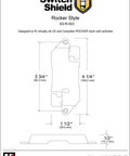 Diagram of a Rocker Style Light Switch Guard by Mark One Industries with dimensions labeled, showing clear safety cover design.