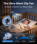 Rechargeable Clip On Fan 4000mAh With 100 Speed Touch Control LED Display near sleeping baby in crib, showing quiet operation