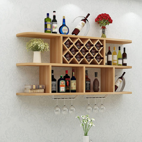 Solid Wood Wall Mounted Wine Rack With Stem Glass Holder Kickback Ready Industrial Vintage Vibe Multipurpose Storage Shelf displaying various bottles.