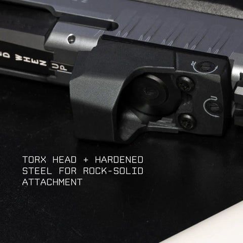 Close-up of RMR Red Dot Screw Variety Pack With 6-32, 4-40 And M3.5 Screws installed in a Glock MOS slide for secure mounting.