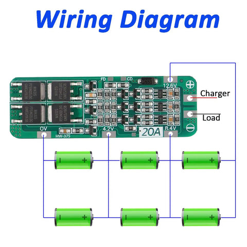 Wiring diagram for 6 Pack Heavy Duty 3S 20A BMS Battery Management System For 18650 Li Ion Cells 12.6V.