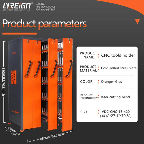 Heavy Duty CNC Tool Holder Cabinet With Vertical Drawers Large Capacity Tool Storage Cabinet For Warehouse Shop Floor And Machining Centers Sturdy Steel Frame And ABS Drawer System For Organized Tools, orange steel cabinet, 1800mm