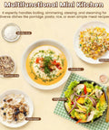 Grab And Go 800Ml Capacity 500W Electric Pot Mini Cooker showcases dishes like gumbo, quinoa, oatmeal, and salad.