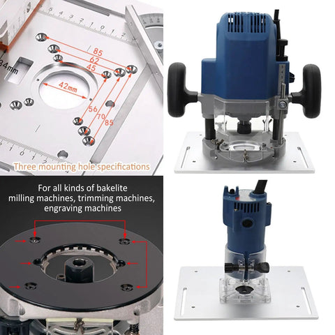 Pro Grade Aluminum Router Table Insert Plate Kit With Slick Sliding Fence Setup And Dependable Miter Gauge Track For No Sweat Benchtop Woodworking Builds with router mounted.
