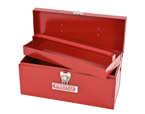 Red General Purpose Tool Box With Removable Steel Tote Tray, Heavy Duty Side Handles, And Pad Lockable Center Hasp For Secure Storage, 14 Inch Long By 6 Inch Wide By 6.5 Inch High, Single Latch