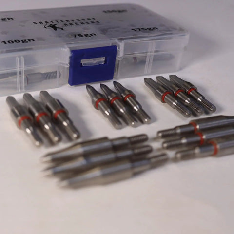 Archery Shatterproof Field Points Test Kit With 75 Grain, 100 Grain, 125 Grain, 150 Grain, And 175 Grain In A 15 Piece Set In A Sturdy Storage Box For Easy Practice, stainless steel arrows organized outside transparent storage box.