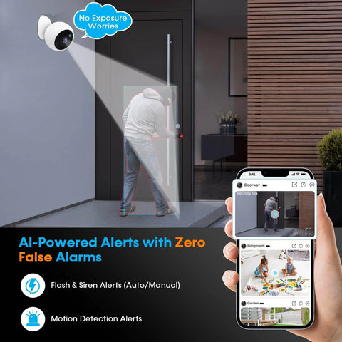 Image of 2 Pack Wireless Outdoor Security Cameras With Magnetic Mounts No Drill Setup Hassle Free Indoor Use Smart 2K WiFi Long Battery Life AI Motion Detection For Home Security showing AI-powered alerts on a smartphone screen and a night scene detection.