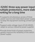 Text detailing power input and protection features for a 5 Port Industrial Ethernet Switch With DIN Rail Mount.