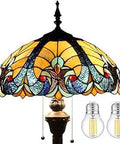 Tiffany Style Floor Lamp With Blue Yellow Liaison Stained Glass shade, 2 LED bulbs, 16x16 inch, S160E Series