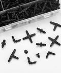 Front view of 300-piece irrigation fittings kit; black plastic barbed tees, elbows, end plugs, 4-way connectors with clear storage box