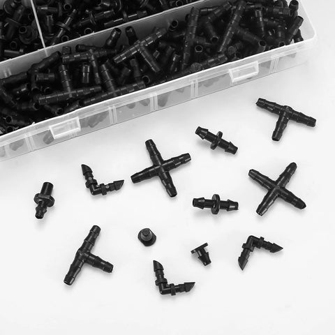 Front view of 300-piece irrigation fittings kit; black plastic barbed tees, elbows, end plugs, 4-way connectors with clear storage box